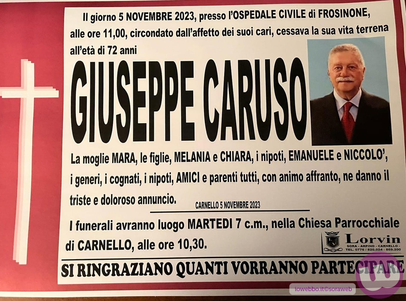 IOWEBBO Carnello Cordoglio per la scomparsa di Giuseppe Caruso